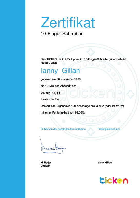 Das TICKEN Zertifikat im 10-Finger-Schreiben